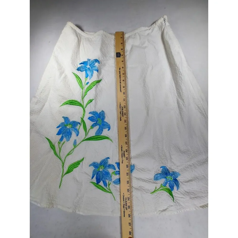 Dressbarn White 100% Cotton A-Line Skirt Lined Teal Floral Embroidered Size 14